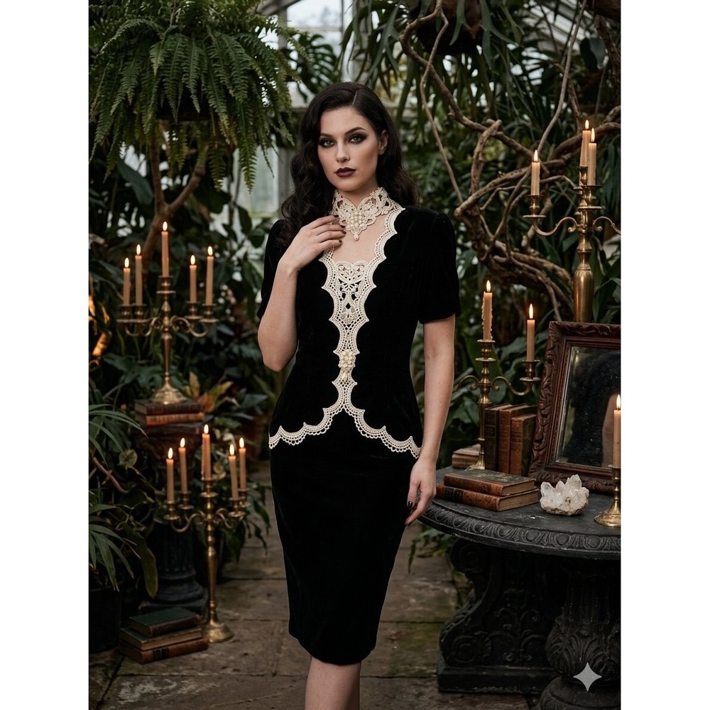 Vintage Scott McClintock Black Velvet Lace Pearl Dress Goth Victorian Size 10
